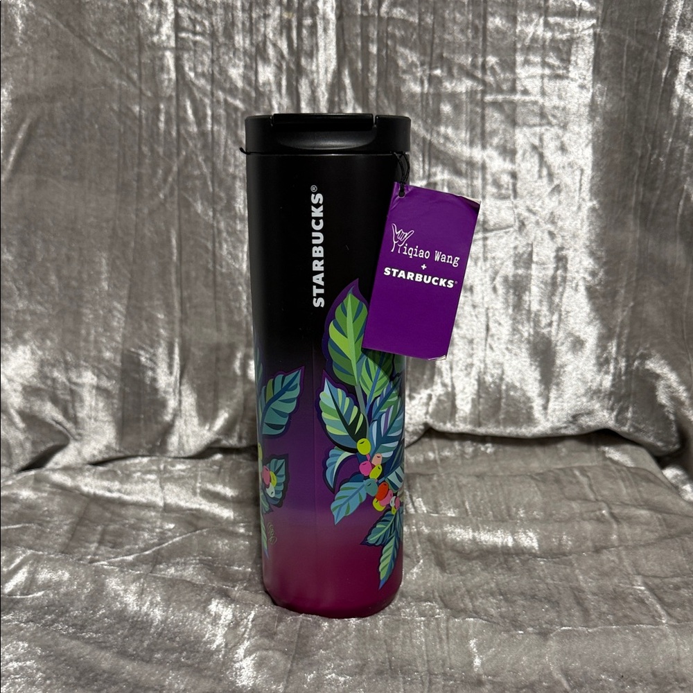 Starbucks Black and Purple Thermos with Leaf Design